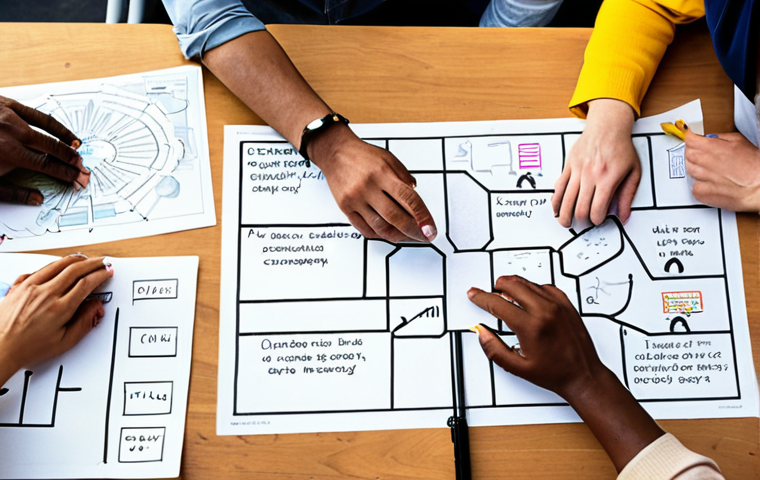 **
A diverse group of people collaboratively brainstorming in a bright, open space. They are using tools like mind maps and storyboards. The atmosphere is positive and encouraging, emphasizing the importance of open communication and empathy. Focus on the collaborative and creative energy.
**
