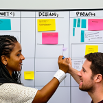 A diverse team of people engaged in a dynamic Design Thinking session. One person is actively listening to an individual, capturing their emotions and pain points on a notepad, while others are surrounded by whiteboards covered in colorful sticky notes and user journey maps, representing the 'Empathize' and 'Define' stages. The atmosphere is collaborative, insightful, and filled with creative energy, reflecting a deep understanding of human needs.