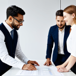 A diverse team of professionals, fully clothed in modest business casual attire, collaboratively examining a physical paper prototype of a product, with one team member gently presenting it to a fully clothed user for immediate feedback in a bright, modern office setting. The scene emphasizes agile iteration and rapid learning. safe for work, appropriate content, professional dress, perfect anatomy, correct proportions, natural pose, well-formed hands, proper finger count, natural body proportions, high-quality photography, soft studio lighting.